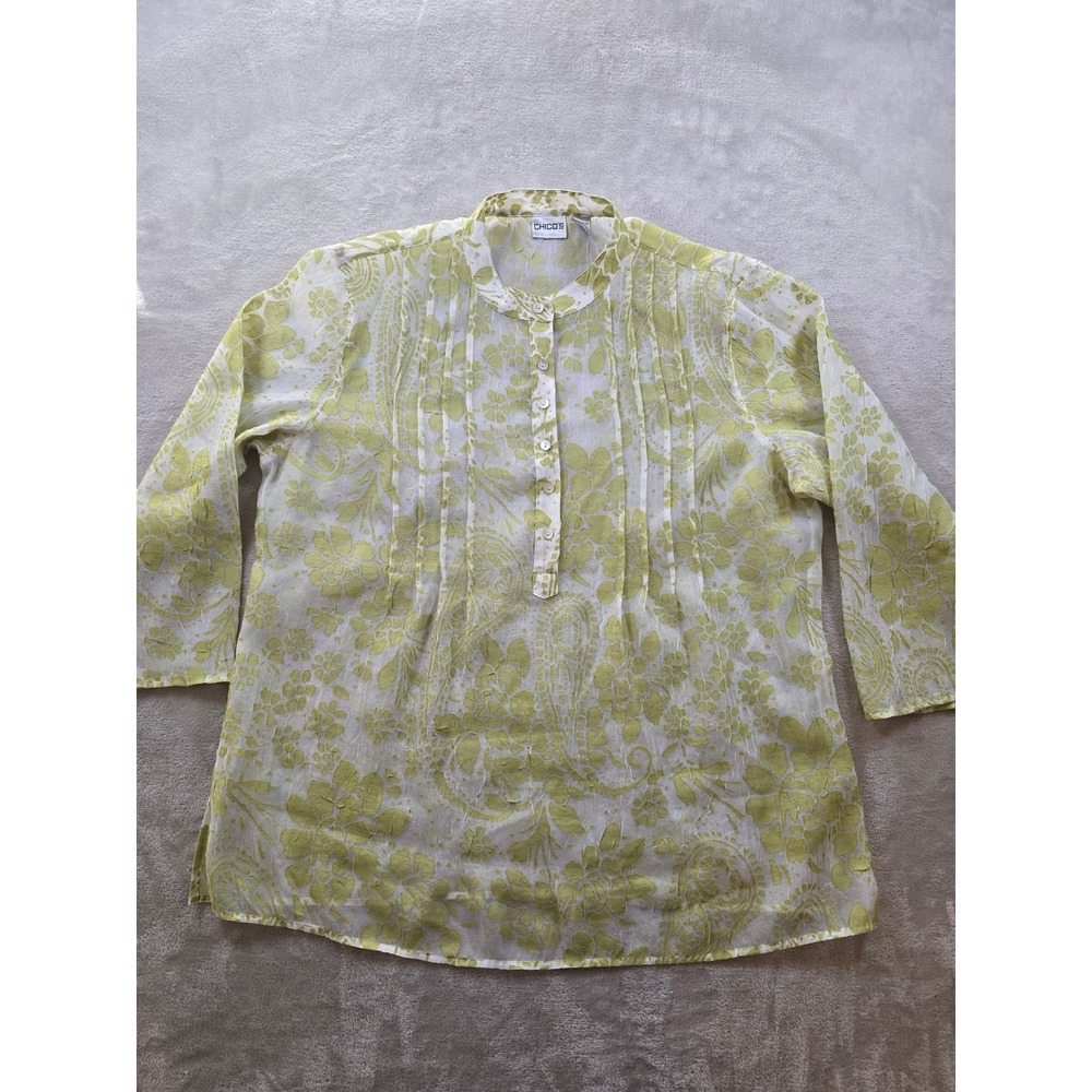 Chicos Top Blouse Shirt Womens Size 3 Floral Half Button Up Pintuck Sheer *Read